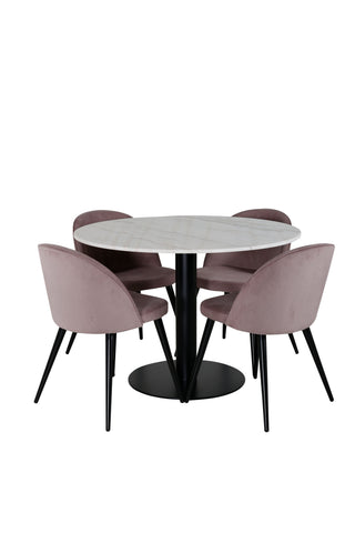 Venture Home Estelle runt Matbord - Svart / Vit marmor - ø106*H75+Velvet matstol - Manchester
